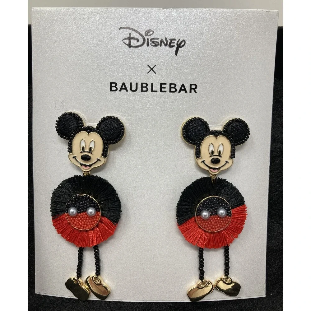 Disney X Baublebar Mickey Raffia Dangle Statement Earrings NWT Black‎ + Red